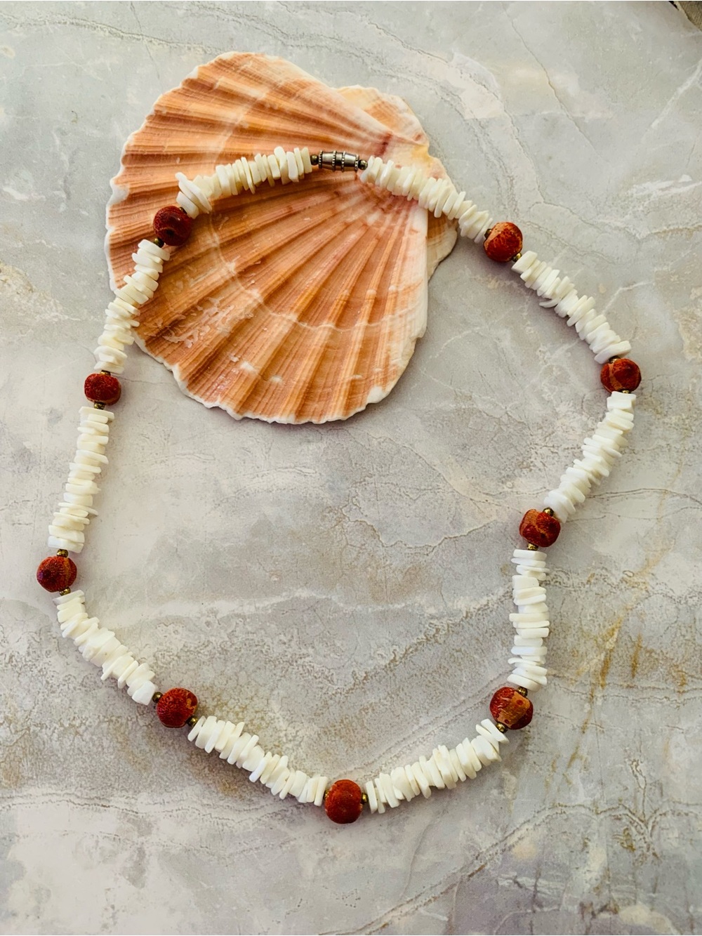Surfer Style Puka Shell and Red Sponge Coral Beaded Necklace